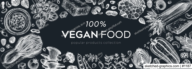 Vegan food banner on chalkboard. Healthy food background. Middle eastern cuisine frame. Hand drawn vegan meals and ingredients for menu, recipe, packaging design. Vegan food illustration