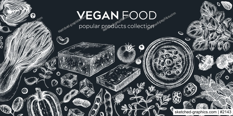 Vegan food banner on chalkboard. Healthy food background. Middle eastern cuisine frame. Hand drawn vegan meals and ingredients for menu, recipe, packaging design. Vegan food illustration