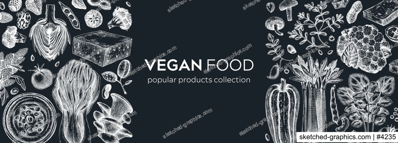 Vegan food banner on chalkboard. Healthy food background. Middle eastern cuisine frame. Hand drawn vegan meals and ingredients for menu, recipe, packaging design. Vegan food illustration