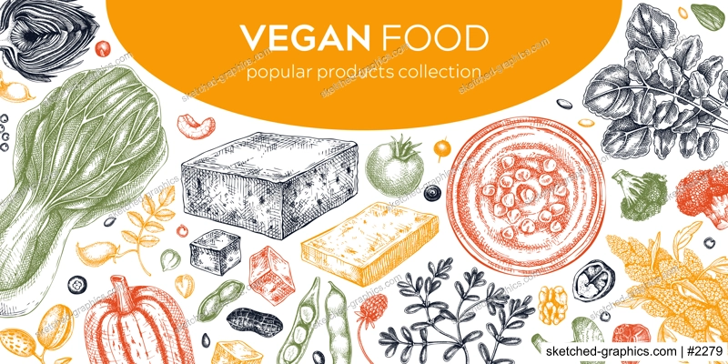 Vegan food illustration in color. Healthy food banner template. Middle eastern cuisine frame. Hand drawn vegan meals and ingredients for menu, recipe, packaging design. Vegan food background