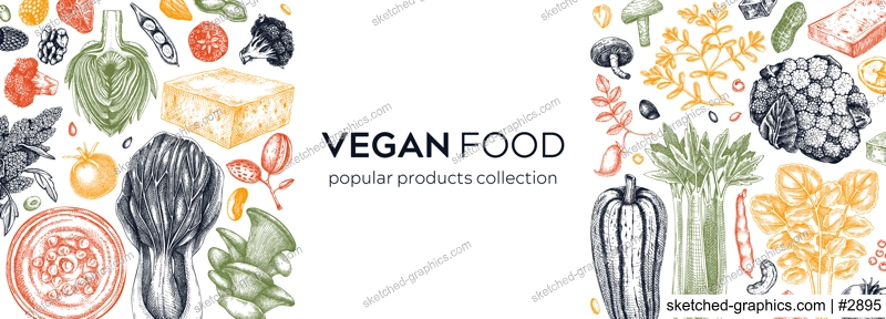 Vegan food sketched banner. Healthy food banner template. Middle eastern cuisine frame. Hand drawn vegan meals and ingredients for menu, recipe, packaging design. Vegan food sketches in color