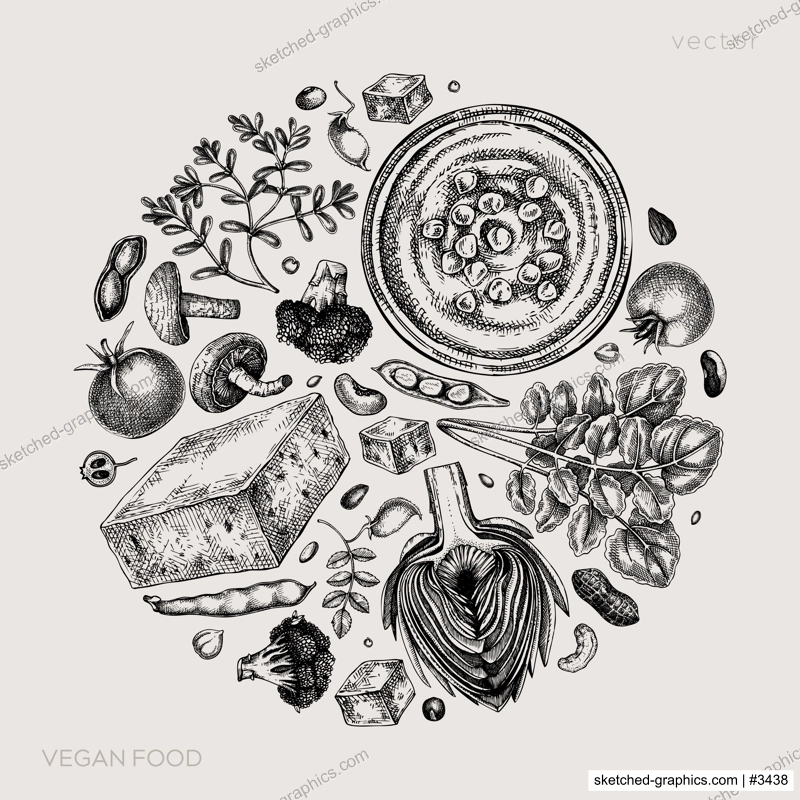 Vegan food sketched illustration Healthy food banner template. Middle eastern cuisine design. Hand-drawn vegan meals and ingredients for menu, recipe, and packaging. Vintage food sketches 