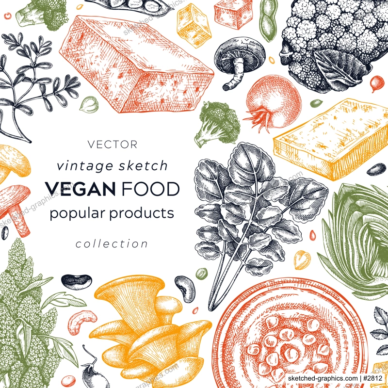 Vegan food sketched card. Healthy food banner template. Middle eastern cuisine frame. Hand-drawn vegan meals and ingredients for menu, recipe, and packaging design. Vegan food sketches in color