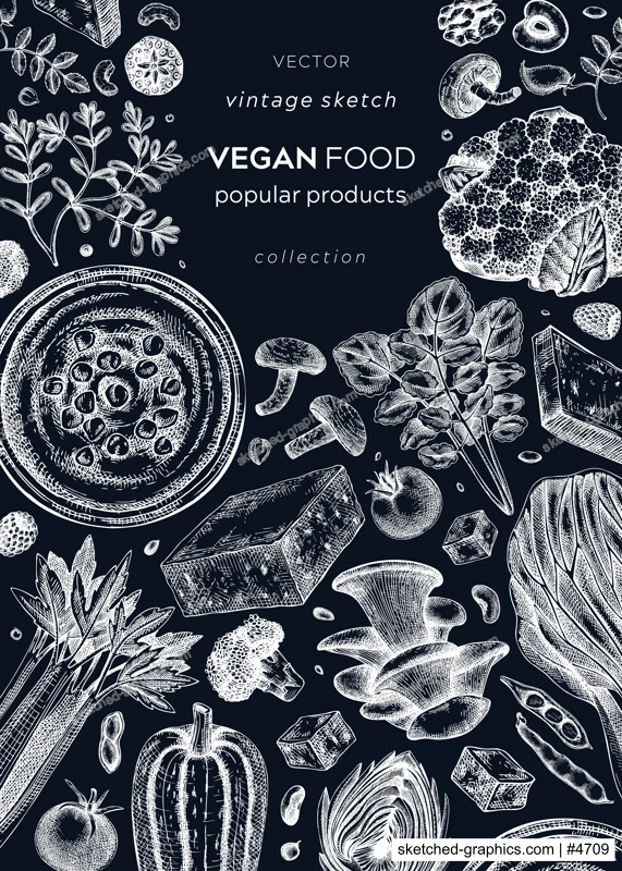 Vegan food sketched banner on chalkboard. Healthy food banner template. Middle eastern cuisine cover. Hand-drawn vegan meals and ingredients for menu, recipe, and packaging design. Vegan food sketches