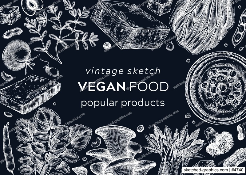 Vegan food sketched banner. Healthy food template on chalkboard. Middle eastern cuisine background. Hand-drawn vegan meals and ingredients for menu, recipe, and packaging design. Vegan food sketches