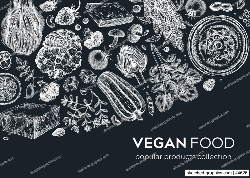Vegan food background on chalkboard. Healthy food illustration. Middle eastern cuisine frame. Hand drawn vegan meals and ingredients for menu, recipe, packaging design. Vegan food illustration
