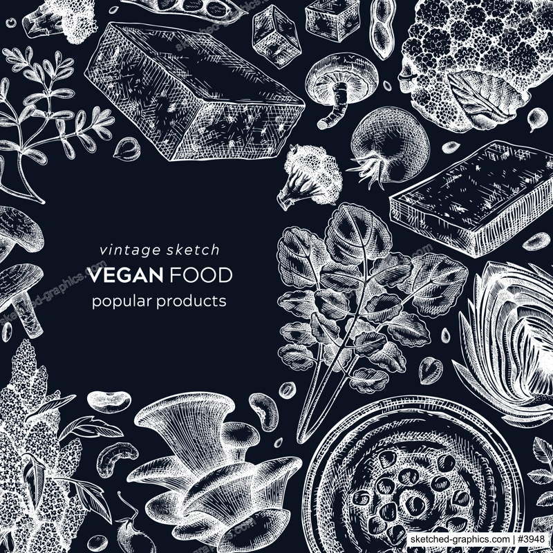 Vegan food sketched card on chalkboard. Healthy food banner template. Middle eastern cuisine frame. Hand-drawn vegan meals and ingredients for menu, recipe, and packaging design. Vegan food sketches