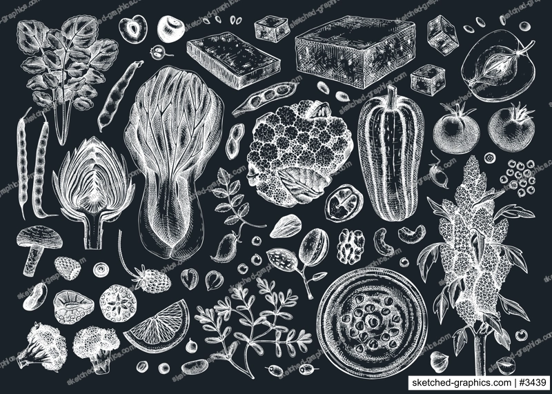 Vegan food illustrations set on chalkboard. Healthy food illustrations. Hand-drawn vegan meals and ingredients for menu, recipe, packaging design. Vegan food, nuts, seeds, fruits, veggies, tofu sketch
