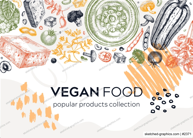 Vegan food collage style banner. Healthy food template. Middle eastern cuisine background. Hand-drawn vegan meals and ingredients for menu, recipe, and packaging design. Green food sketches in color