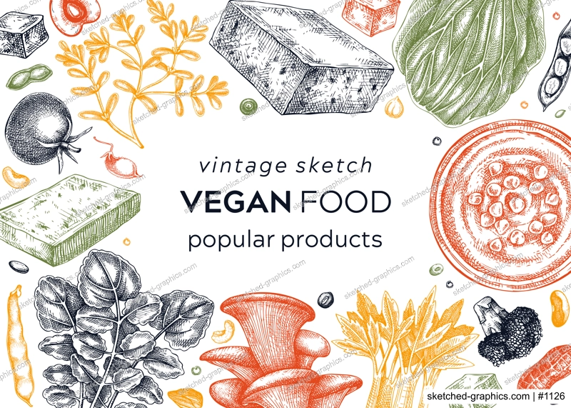 Vegan food sketched frame. Healthy food banner template. Middle eastern cuisine background. Hand-drawn vegan meals and ingredients for menu, recipe, and packaging design. Vegan food sketches in color