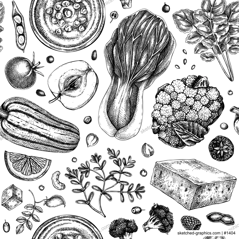 Vegan food seamless pattern. Healthy food illustrations. Hand-drawn vegan meals background for menu, recipe, packaging design. Vegan food, nuts, seeds, fruits, veggies, tofu sketches backdrop