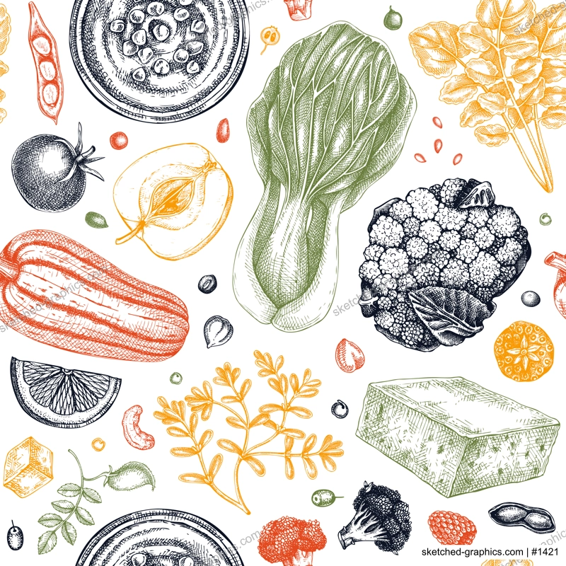 Vegan food seamless pattern. Healthy food illustrations. Hand-drawn vegan meals background for menu, recipe, packaging design. Vegan food, nuts, seeds, fruits, veggies, tofu sketches backdrop