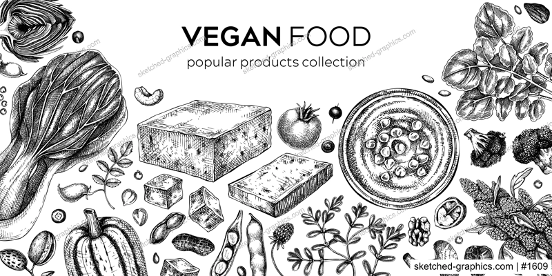 Vegan food sketched background. Healthy food banner template. Middle eastern cuisine frame. Hand drawn vegan meals and ingredients for menu, recipe, packaging design. Vegan food illustration