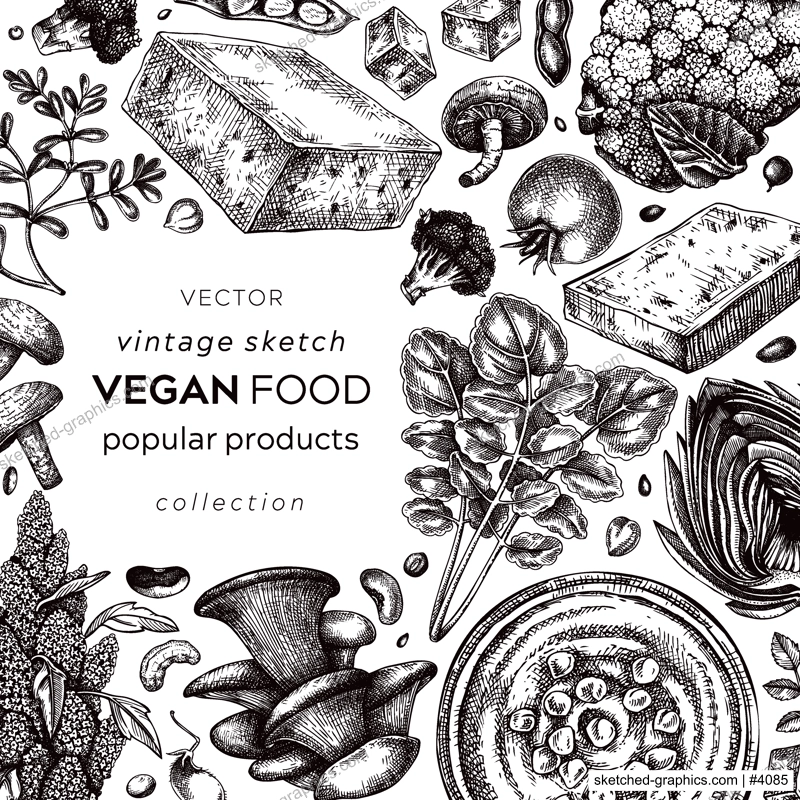 Vegan food sketched card. Healthy food banner template. Middle eastern cuisine frame. Hand-drawn vegan meals and ingredients for menu, recipe, and packaging design. Vegan food sketches 