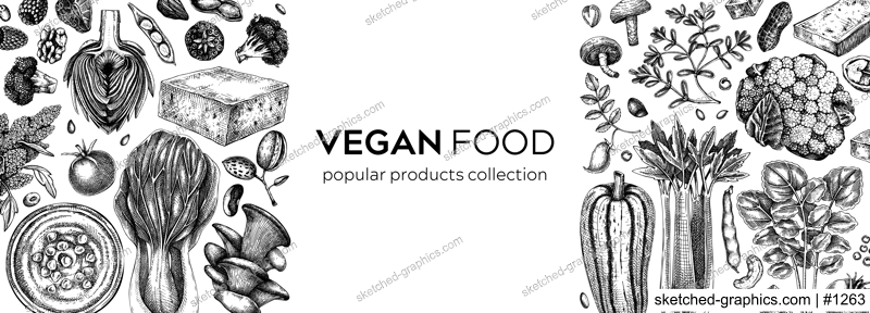Vegan food sketched background. Healthy food banner template. Middle eastern cuisine frame. Hand drawn vegan meals and ingredients for menu, recipe, packaging design. Vegan food illustration