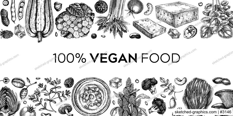 Vegan food sketched background. Healthy food banner template. Middle eastern cuisine frame. Hand drawn vegan meals and ingredients for menu, recipe, packaging design. Vegan food illustration
