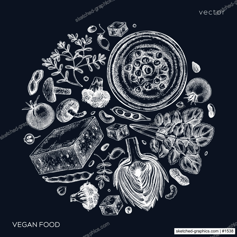Vegan food sketched composition. Healthy food banner template. Middle eastern cuisine card. Hand-drawn vegan meals and ingredients for menu, recipe, and packaging design. Food sketches on chalkboard