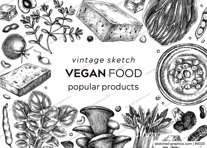 Vegan food vintage background. Healthy food banner template. Middle eastern cuisine frame. Hand-drawn vegan meals and ingredients for menu, recipe, and packaging design. Green food sketches