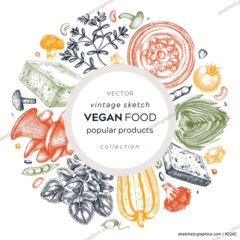 Vegan food sketched card. Healthy food banner template. Middle eastern cuisine wreath. Hand-drawn vegan meals and ingredients for menu, recipe, and packaging design. Vegan food sketches in color