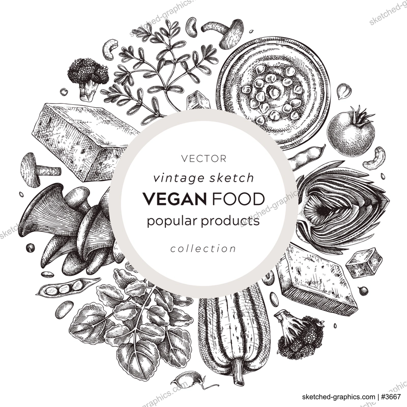 Vegan food sketched wreath. Healthy food banner template. Middle eastern cuisine card. Hand-drawn vegan meals and ingredients for menu, recipe, and packaging design. Vegan food sketches in color