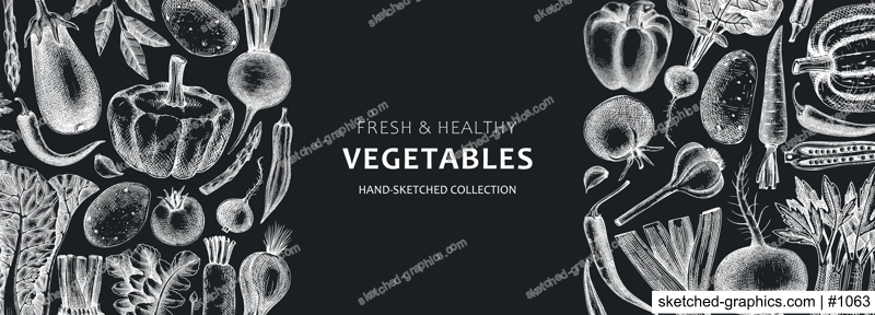 Hand-sketched vegetables design on chalkboard . Hand-drawn tomatoes, squashes, peppers, potatoes, asparagus and other vegetables. Healthy food banner for menu, restaurant, packaging. Botanical frame