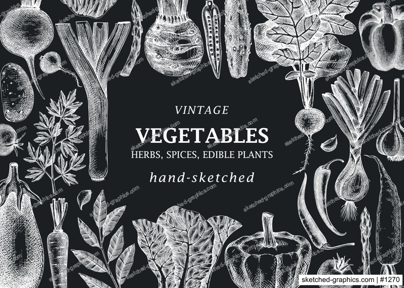 Hand-sketched Vegetable frame on chalkboard. Hand-drawn tomatoes, squashes, peppers, potatoes, asparagus and other vegetables drawings. Healthy food background for menu, recipe, restaurant, packaging