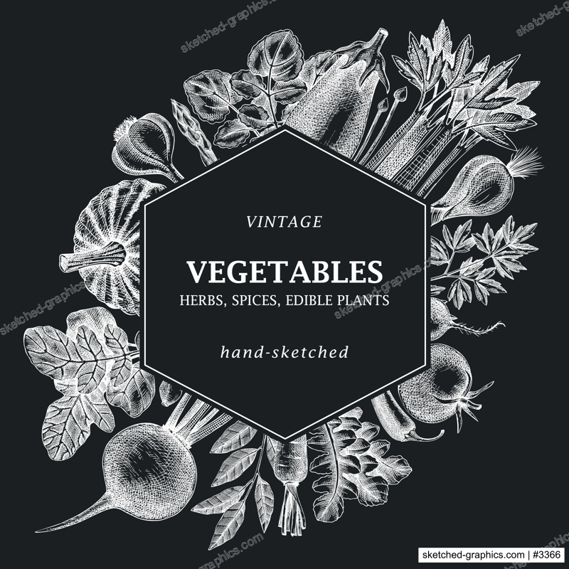 Hand-sketched Vegetable frame design on chalkboard. Hand-drawn tomatoes, squashes, peppers, potatoes, asparagus and other vegetables card. Healthy food template for menu, recipe, restaurant, packaging