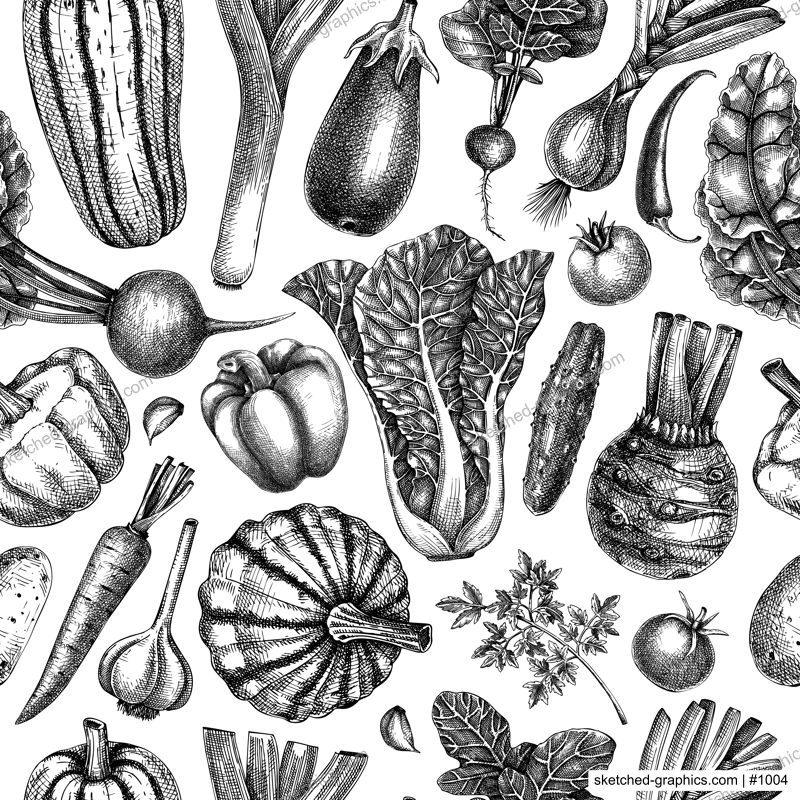 Hand-sketched vegetable seamless pattern. Vector background with healthy food elements in vintage style. Fresh vegetables backdrop for wrapping paper, banner, textile, menu design.