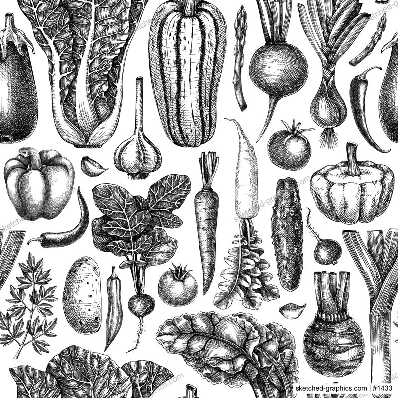 Hand-sketched vegetable seamless pattern. Vector background with healthy food elements in vintage style. Fresh vegetables backdrop for wrapping paper, banner, textile, menu design.