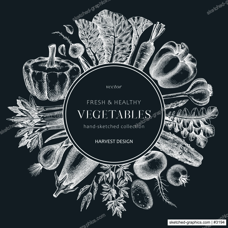 Hand-sketched Vegetable wreath on chalkboard. Hand-drawn tomatoes, squashes, peppers, potatoes, asparagus and other vegetables drawings. Healthy food background for menu, recipe, restaurant, packaging