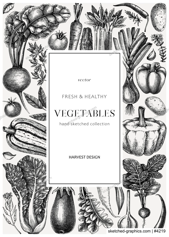 Hand-sketched vegetable card design in vintage style. Hand-drawn food plants background design. Healthy food wreath template for menu, recipe, restaurant, packaging. Botanical illustration