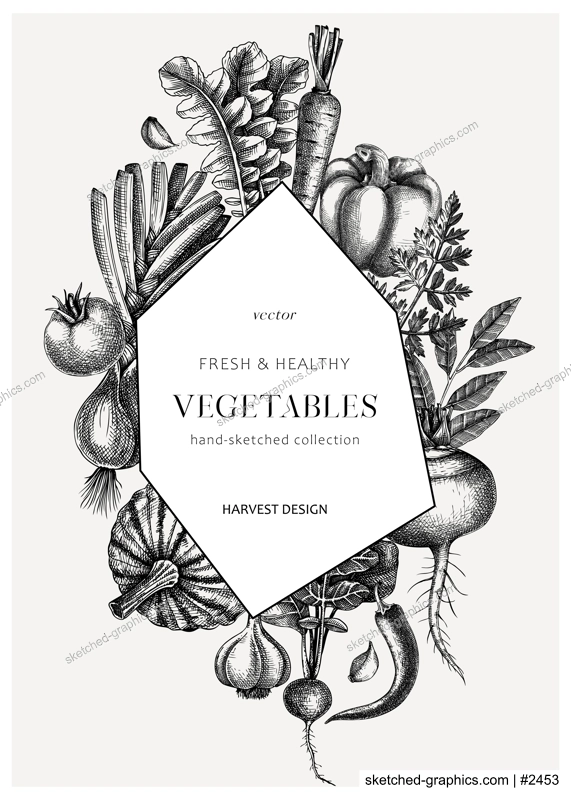 Hand-sketched vegetable abstract wreath. Hand-drawn tomatoes, squashes, peppers, potatoes, asparagus, and other vegetables design. Healthy food frame template for menu, recipe, packaging design