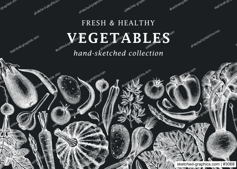 Hand-sketched vegetables design on chalkboard. Hand-drawn tomatoes, squashes, peppers, potatoes, asparagus drawings and other vegetables. Healthy food banner for menu, restaurant, packaging, labels. 