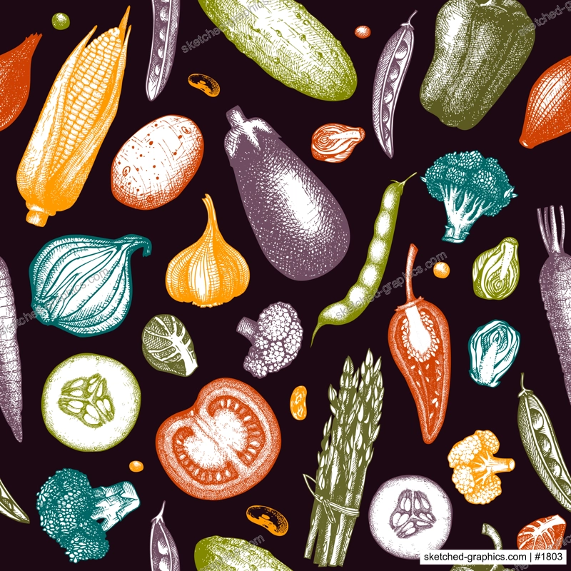 Vegetables seamless pattern. Healthy food background. Vegetarian food design. Hand-drawn vector illustration. NOT AI generated