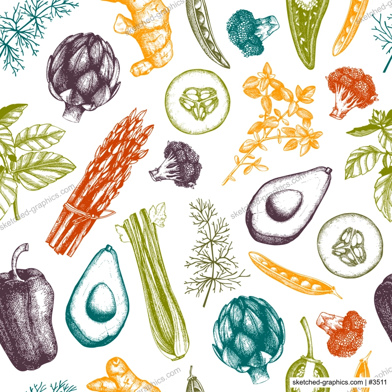 Vegetables seamless pattern. Healthy food background. Vegetarian food design. Vegetable, herb, spice sketches. Hand-drawn vector illustration. NOT AI generated