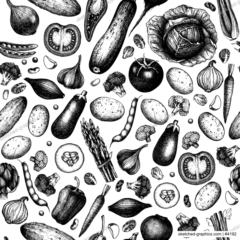 Vegetables seamless pattern. Healthy food background. Vegetarian food design. Hand-drawn vector illustration. NOT AI generated