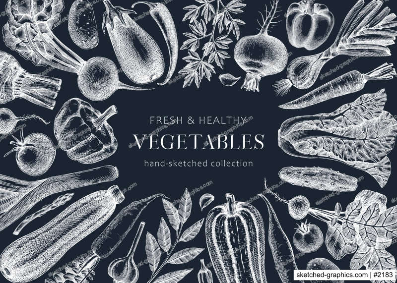 Hand-drawn vegetables vector illustrations. Hand-sketched healthy food collection. Vintage edible plants hand-drawings. Fresh vegetables sketches on chalkboard. Design elements for menu or banners