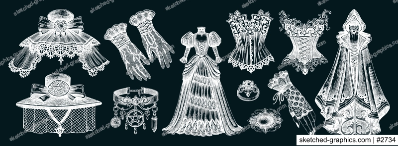 Victorian clothes hand-drawn vector illustrations on chalkboard. Romantic gothic fashion designs. Halloween dresses and accesories. Historical costume elements. NOT AI generated