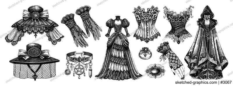 Victorian clothes hand-drawn vector illustrations. Romantic gothic fashion designs. Engraved style Halloween dresses and accesories. Historical costume elements. NOT AI generated
