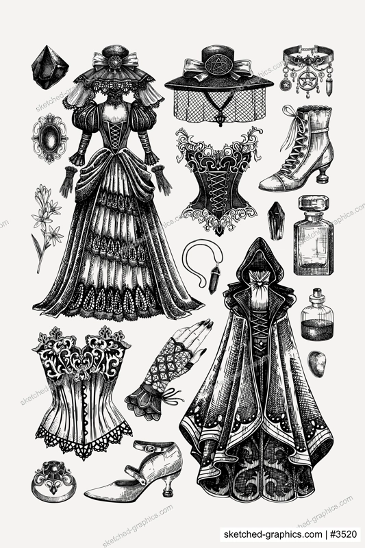 Gothic fashion poster design template. Victorian clothes hand-drawn vector illustration. Vintage wall art. NOT AI generated