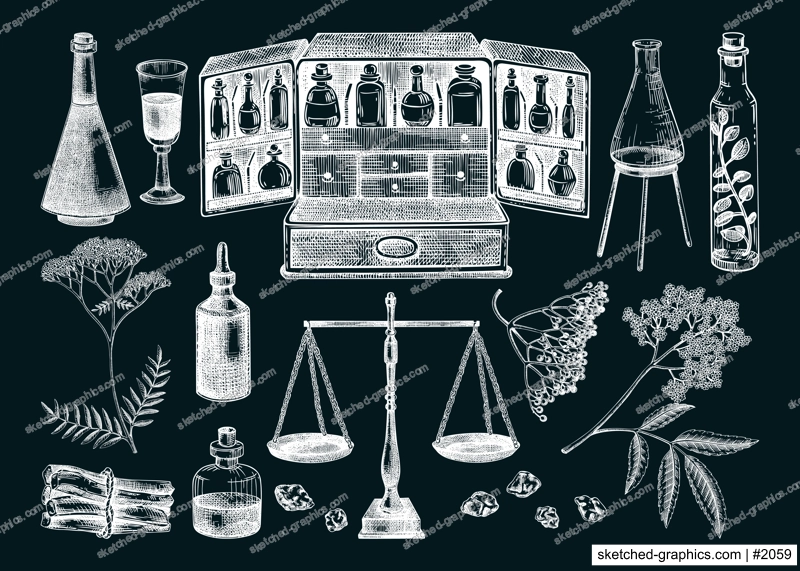 Vinatge apothecary hand-drawn vector illustrations on chalkboard. Apothecary box, scales, glassware, incense, medicinal herbs. Witchcraft shop design elements. NOT AI generated