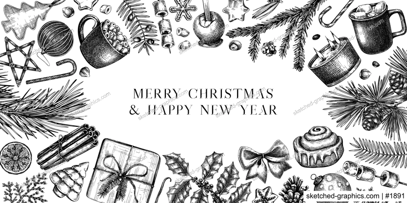 Vintage Christmas background. Popular holiday banner with winter decor, hot drinks, traditional sweets, and winter plants. Christmas decoration, greeting card or invitation design