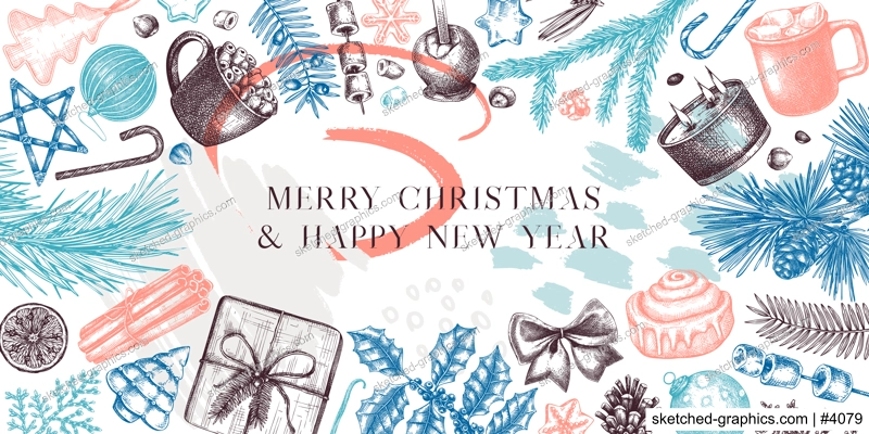 Vintage Christmas background in color. Popular holiday banner with winter decor, hot drinks, traditional sweets, and winter plants. Christmas decoration, greeting card or invitation design