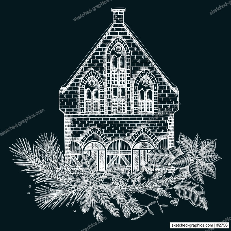 Vintage Christmas card design. European architecture sketch. Old brick house drawing on chalkboard. Winter trees hand-drawn vector illustration. NOT AI generated