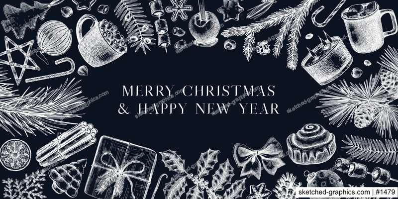 Vintage Christmas background on chalkboard. Popular holiday banner with winter decor, hot drinks, traditional sweets, and winter plants. Christmas decoration, greeting card or invitation design