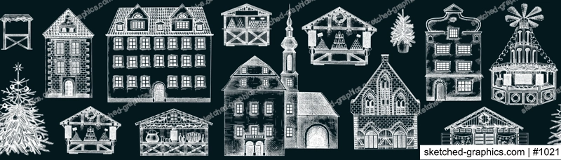 Vintage Christmas banner. Old houses seamless pattern. Christmas fair border. City architecture sketch, hand-drawn vector illustration. NOT AI generated
