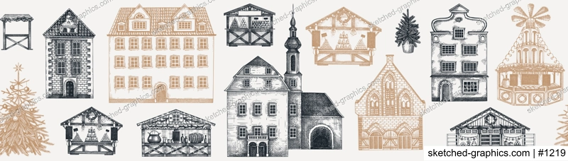 Vintage Christmas banner. Vintage houses seamless pattern. Christmas fair border. City architecture sketch, hand-drawn vector illustration. NOT AI generated