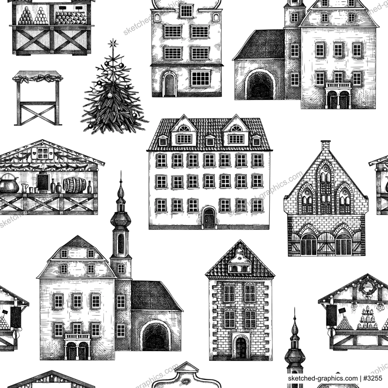 Vintage Christmas background. Old houses seamless pattern. Christmas market. City architecture hand-drawn vector illustration. NOT AI generated