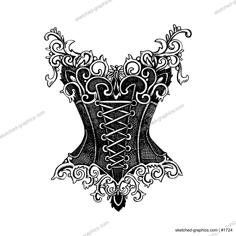 Vintage corset top vector sketch. Romantic gothic fashion illustration. Halloween, dark academia clothes. Hand drawn historical costume design. NOT AI generated