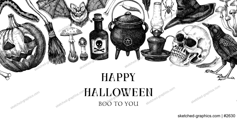 Vintage Halloween background. Hand drawn vector illustration. Skulls, bones, pumpkin, poison, snakes, mushroom sketches. Autumn holiday banner. Vintage Halloween design elements